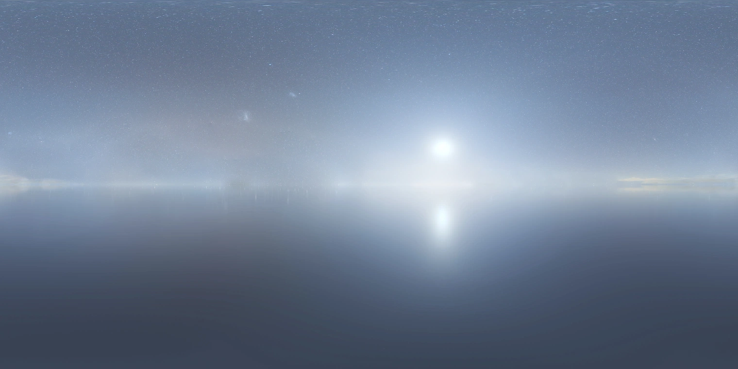 Free 24K unclipped HDRI: clear, high-contrast night sky with crisp stars and a bright moonlight bloom over calm reflective water, soft cool tones, serene mood.