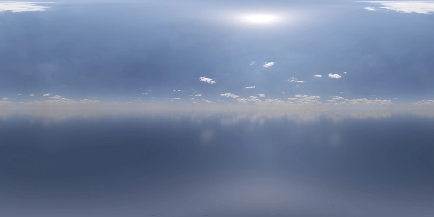 Free 24K HDRI (unclipped): midday pure sky with bright sun, high-contrast natural light and scattered soft clouds, creating a crisp, cool-blue atmosphere.