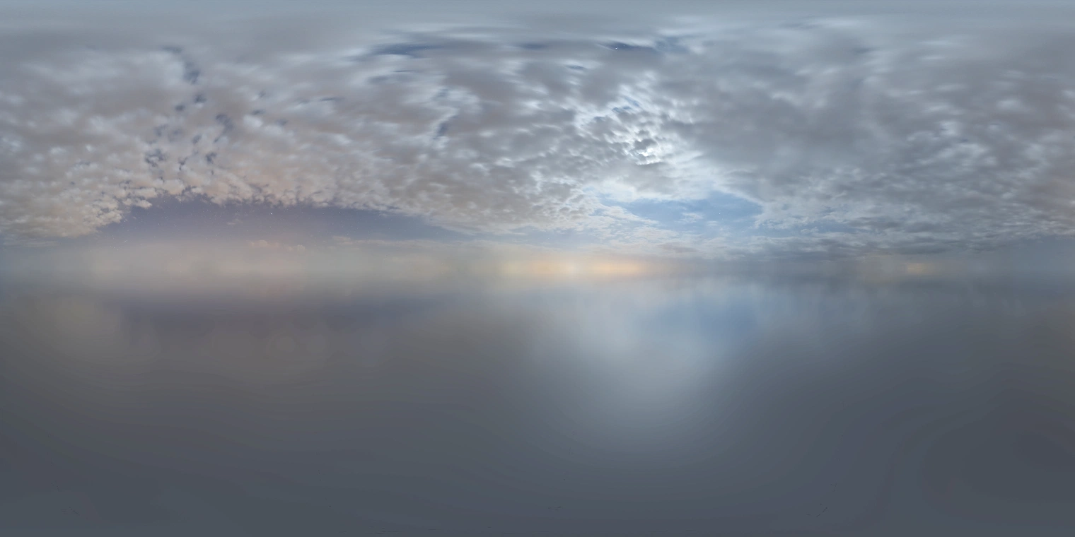 Free 24K unclipped HDRI: low-contrast overcast night sky with soft moonlight breaks, cool ambient tones and a faint warm horizon glow.