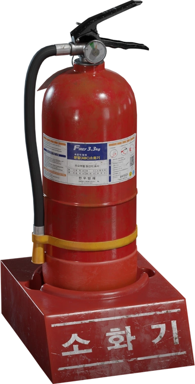 Free 8K model of a red Korean fire extinguisher with weathered paint, pressure gauge, hose and yellow strap, mounted on a scuffed base.