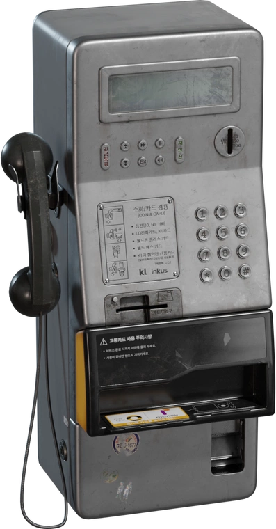 Free 8K model of a weathered Korean public payphone, stainless-steel body with worn keypad, coin/card slots, handset, stickers and realistic scuffs and grime.