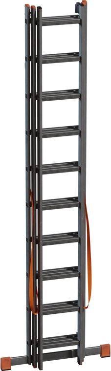 Free 4K sectioned folding metal ladder with flat treads, orange safety caps and straps, telescoping industrial finish with light wear.