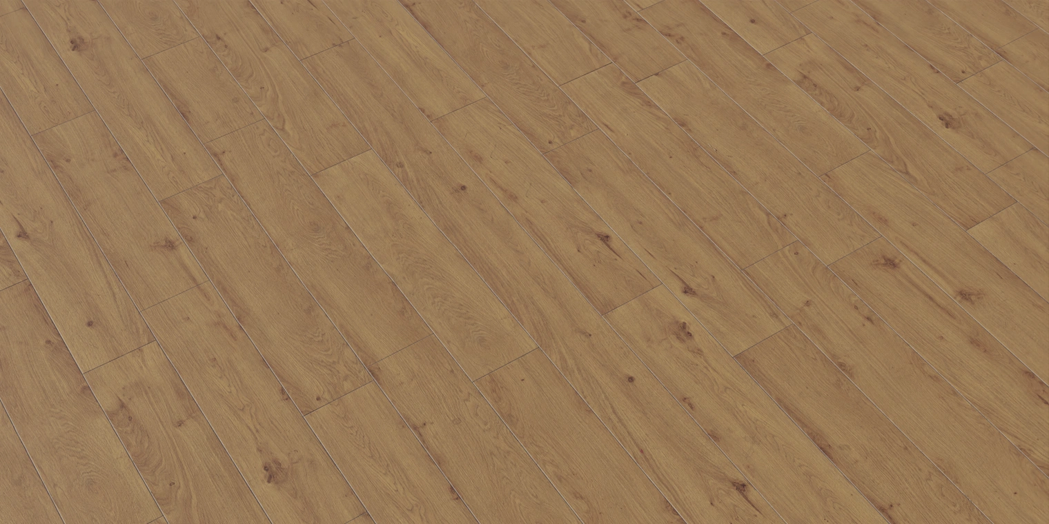 Free 8K texture: varnished laminate planks with warm oak tones, subtle knots, tight seams and a smooth low-gloss synthetic finish.