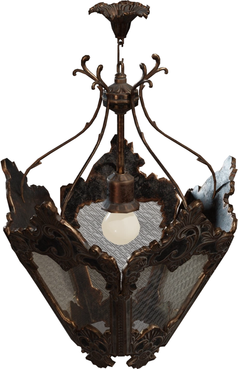Free 8K model - ornate Victorian brass lantern chandelier with aged metal, decorative panels and single bulb; antique ornamental indoor light fixture.