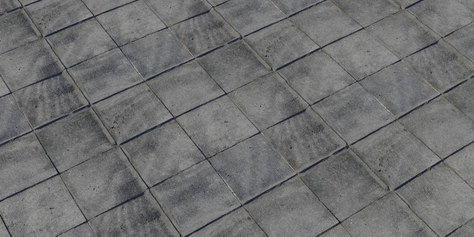 Free 8K texture of large square concrete floor tiles, matte and weathered with recessed grout, subtle surface roughness, dirt, and worn edges.