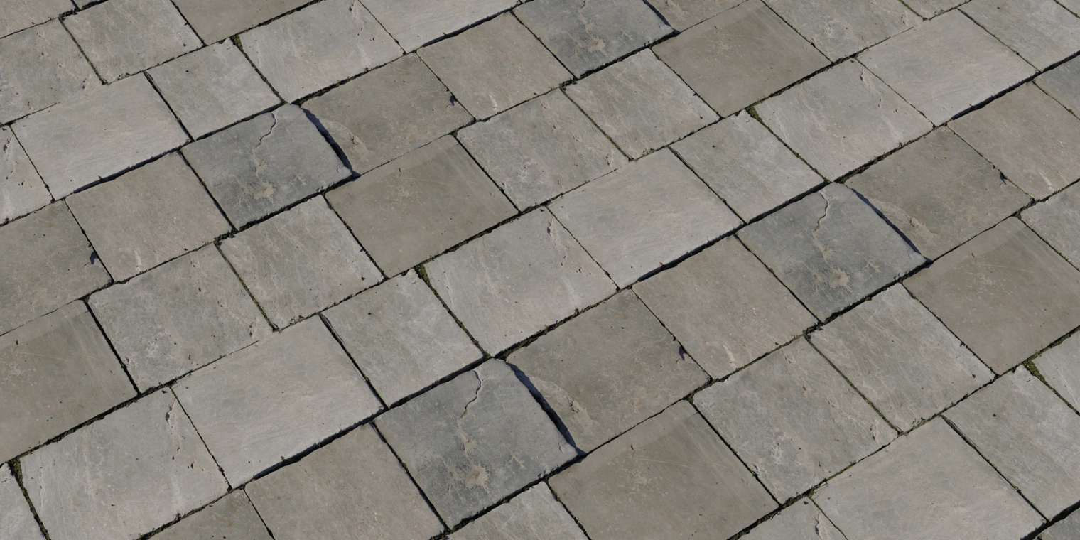 Free 8K texture of large grey stone tiles with uneven, weathered surfaces, chipped edges, cracked joints and dirty, mossy crevices.