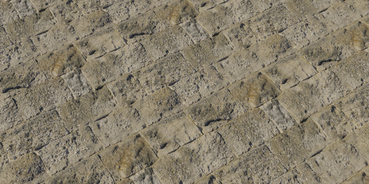 Free 8K texture of large weathered sandstone blocks with rough, uneven faces, worn edges, dirty/mossy staining and deep grout in warm beige and ochre tones.