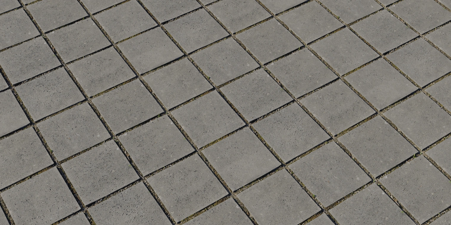 Free 8K concrete texture of large square pavers, even gray blocks with subtle surface roughness, narrow moss-filled joints and a clean urban grid pattern.