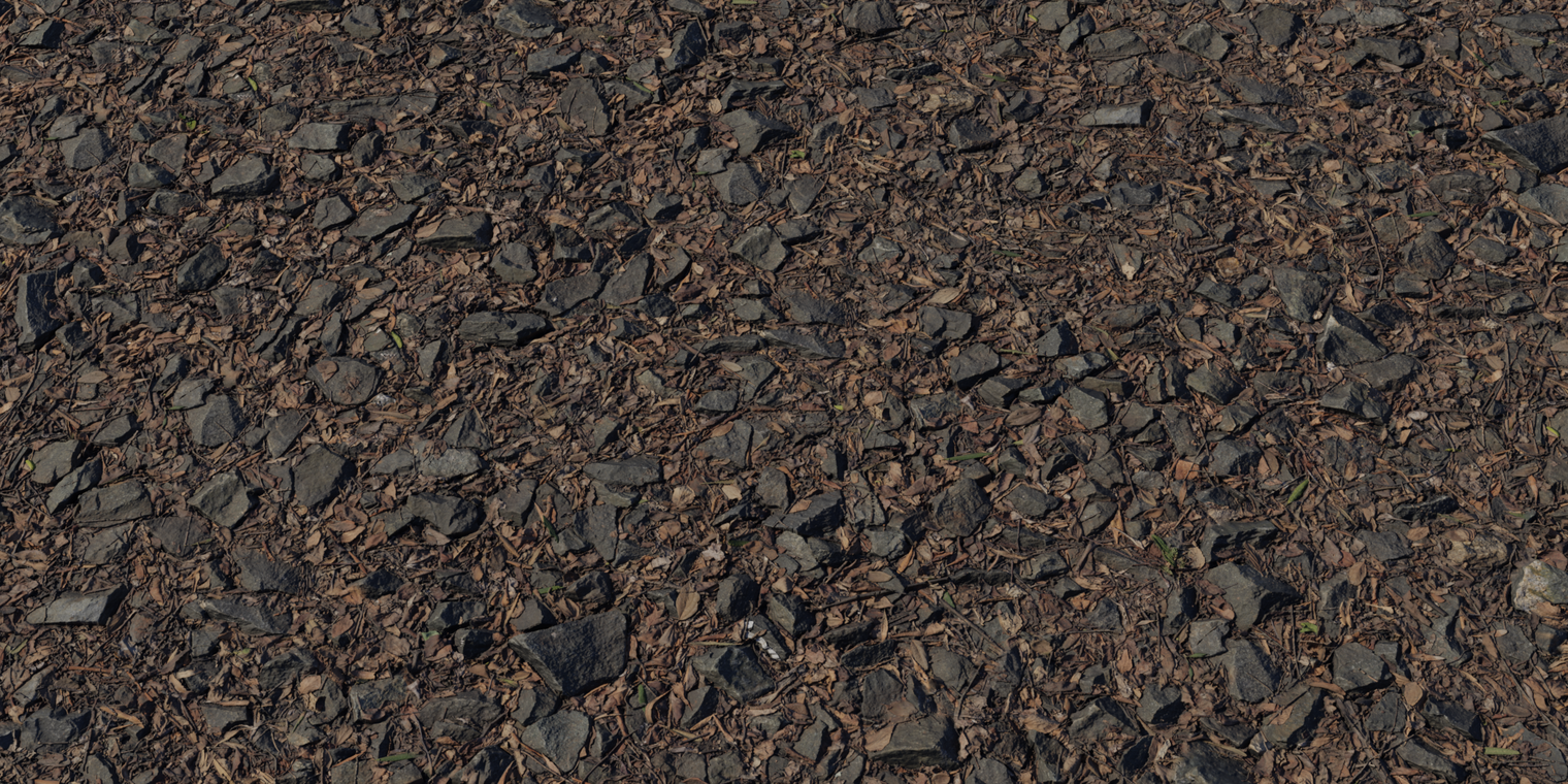 Free 8K texture of leaf-littered gravel: dark stones mixed with dried brown leaves and twigs, damp, rough and uneven surface with rich micro detail.