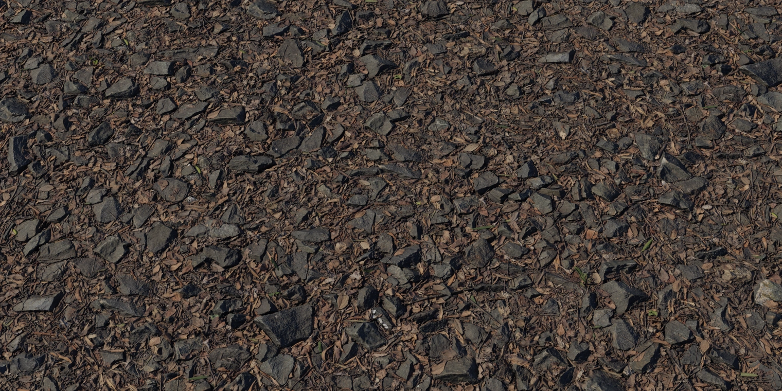 Free 8K texture of leaf-littered gravel: dark stones mixed with dried brown leaves and twigs, damp, rough and uneven surface with rich micro detail.