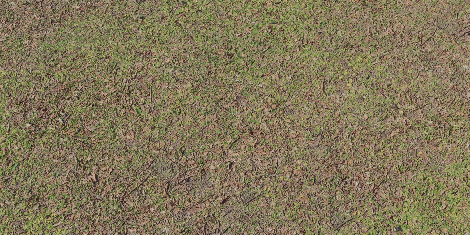 Free 8K leafy grass texture: trampled green blades with scattered brown leaves and twigs, low-relief rough soil surface with a natural matte finish.