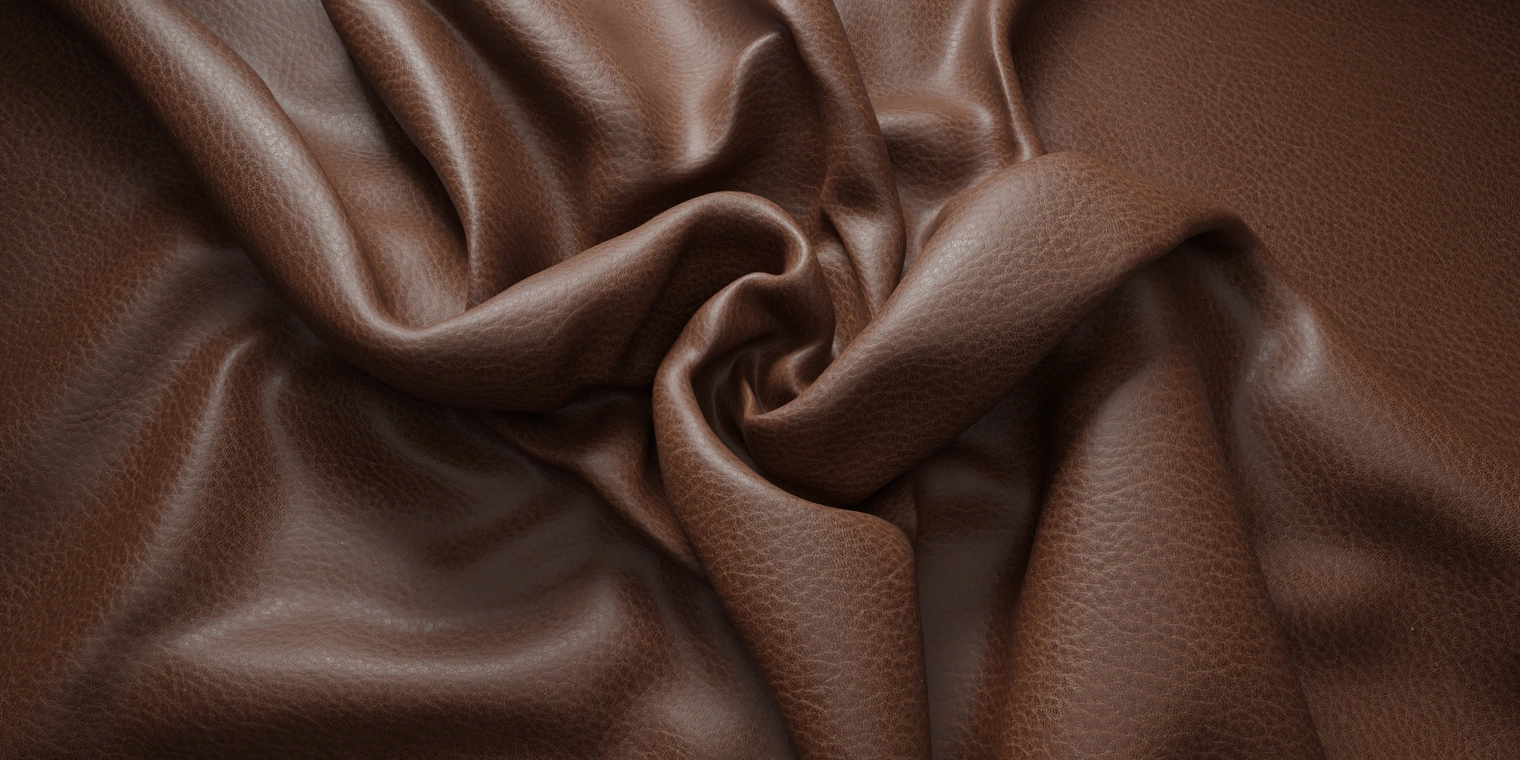 Free 8K texture: smooth, even red-brown leather with fine pebbled grain, soft creases and subtle wrinkles, semi-gloss surface with an upholstery/animal-hide look.