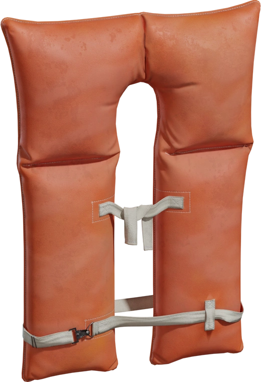 Free 4K model of an orange horse-collar life jacket with weathered vinyl, soft creases, stitched seams, white webbing straps and a metal buckle.