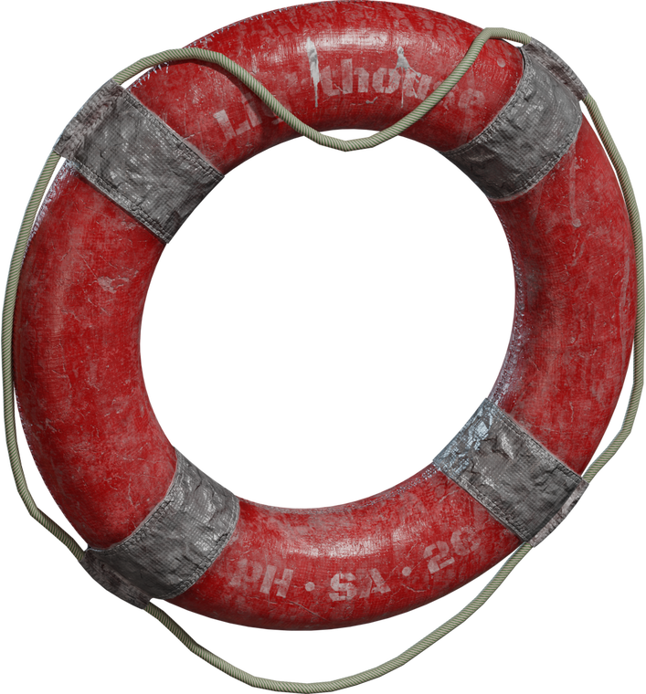 Free 8K weathered red lifebuoy with cracked paint, salt stains, faded stencils, and a loose pale rope; crisp scuffs and surface detail.