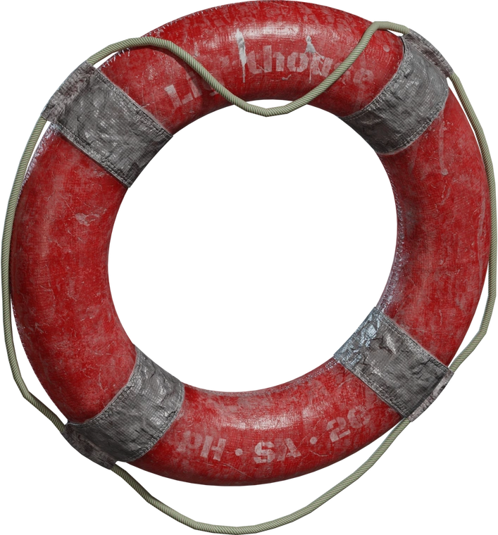 Free 8K weathered red lifebuoy with cracked paint, salt stains, faded stencils, and a loose pale rope; crisp scuffs and surface detail.