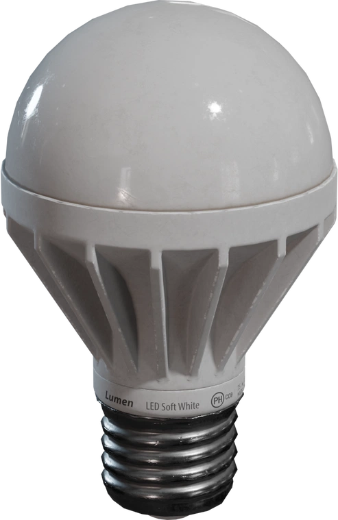 Free 4K model: realistic LED bulb with frosted globe, plastic finned heatsink, metal Edison base and subtle dust and wear.