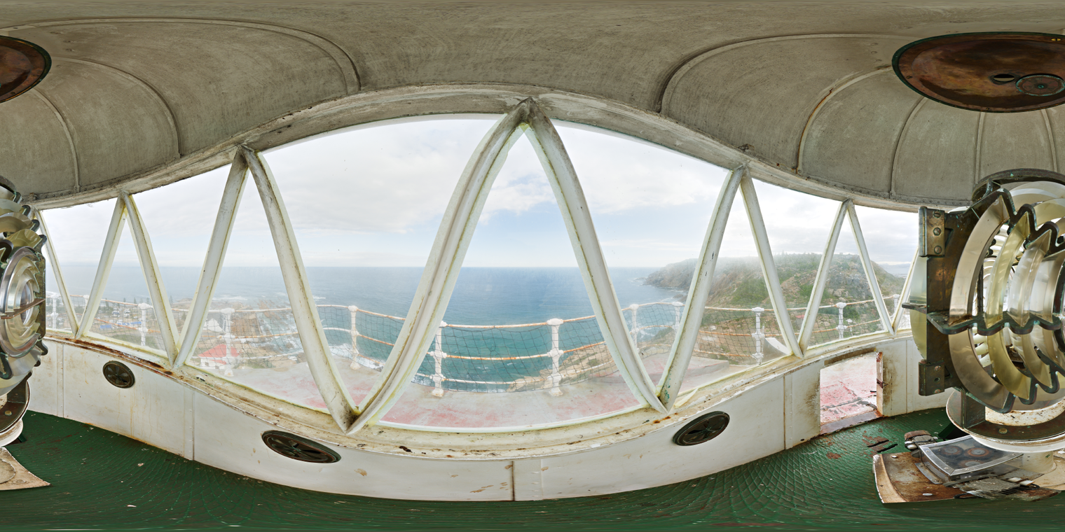 Unclipped, free 24K HDRI of a weathered lighthouse lantern room with panoramic ocean views, soft cloudy daylight, cool tones, gentle highlights, soft shadows.