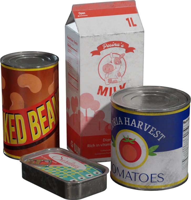 Free 4K model of pantry staples: milk carton, tomato and bean cans, and sardines. Realistic wear, dents, pull-tab tin, crisp labels, clean topology.