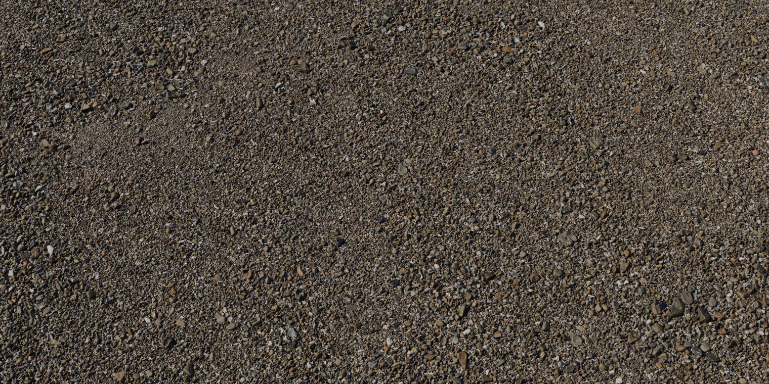 Free 8k texture of damp low-tide ground: dense granular sand with scattered pebbles and small rocks, dark wet sheen and varied earth tones.