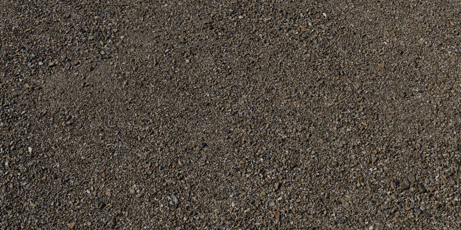 Free 8k texture of damp low-tide ground: dense granular sand with scattered pebbles and small rocks, dark wet sheen and varied earth tones.
