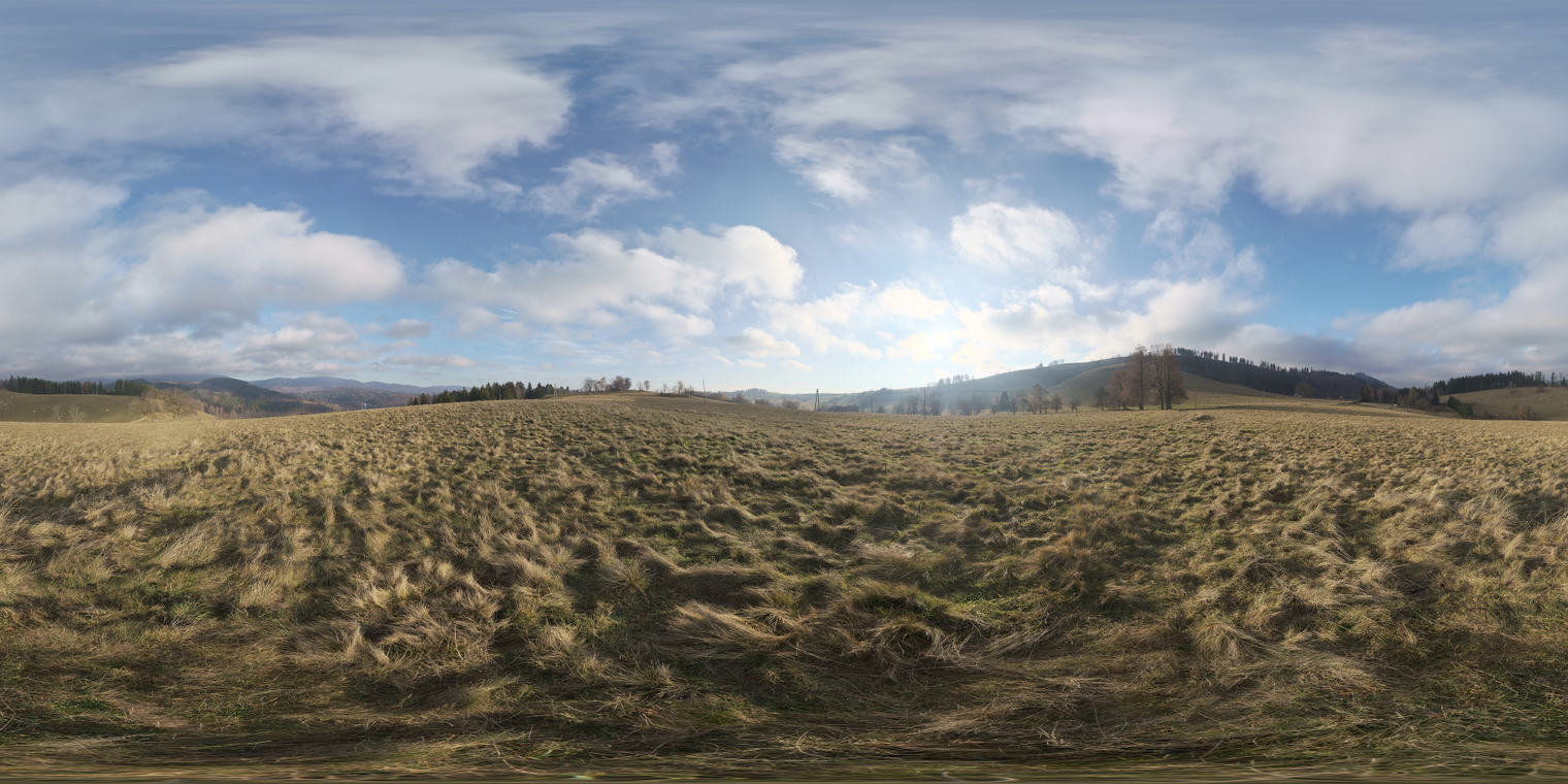 Free 29k unclipped HDRI, warm morning sun over rolling dry-grass farmland with fluffy clouds, soft directional light and medium contrast.