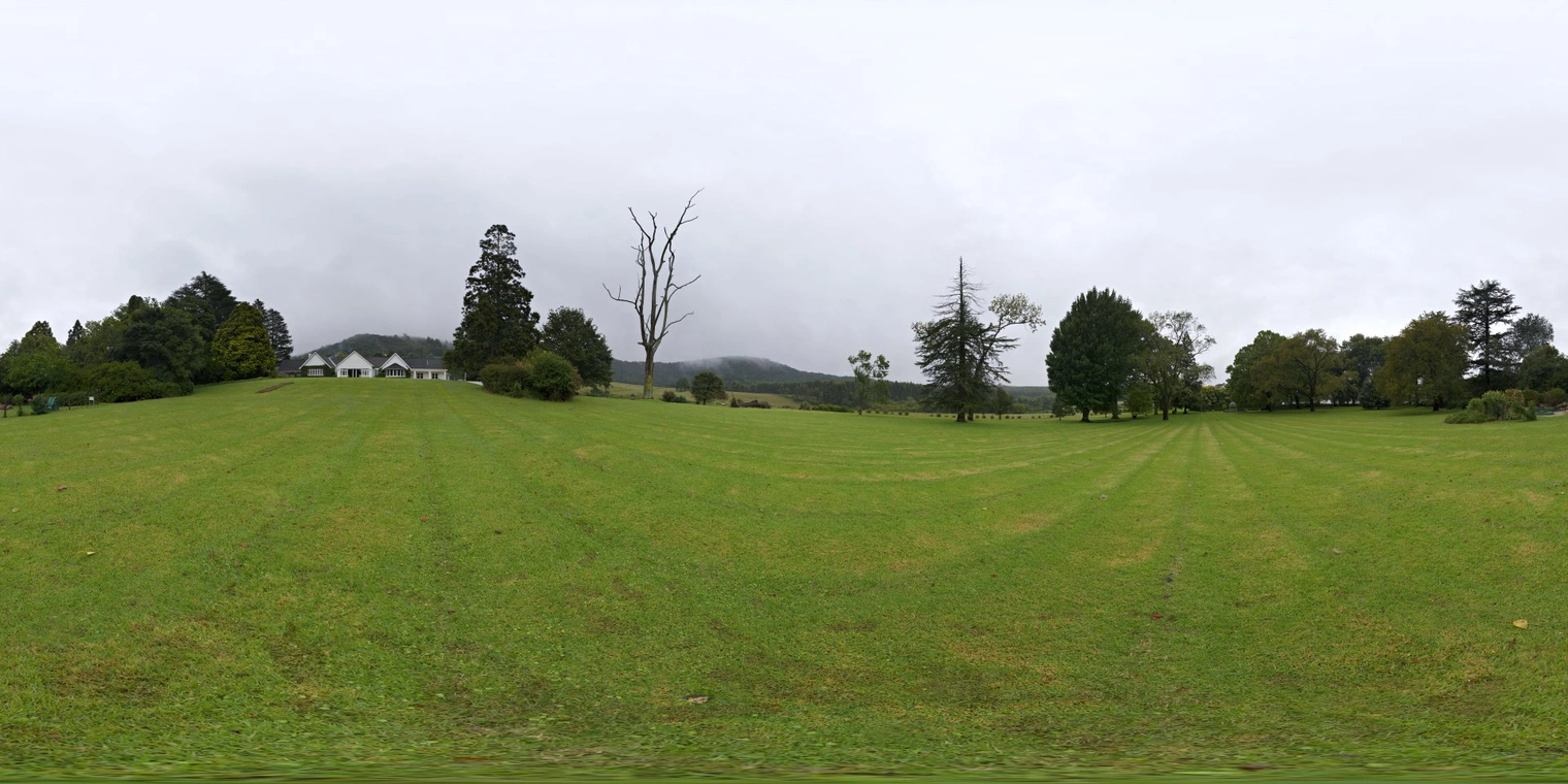 Free 16K HDRI, unclipped - soft overcast morning/afternoon light across a wide grassy field with scattered trees, low-contrast, neutral natural illumination.