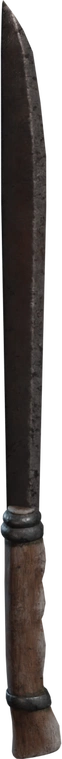 Free 4K model of a weathered steel machete: curved, chipped blade with rusted patina and a wooden handle bound by metal rings, showing rugged survival wear.