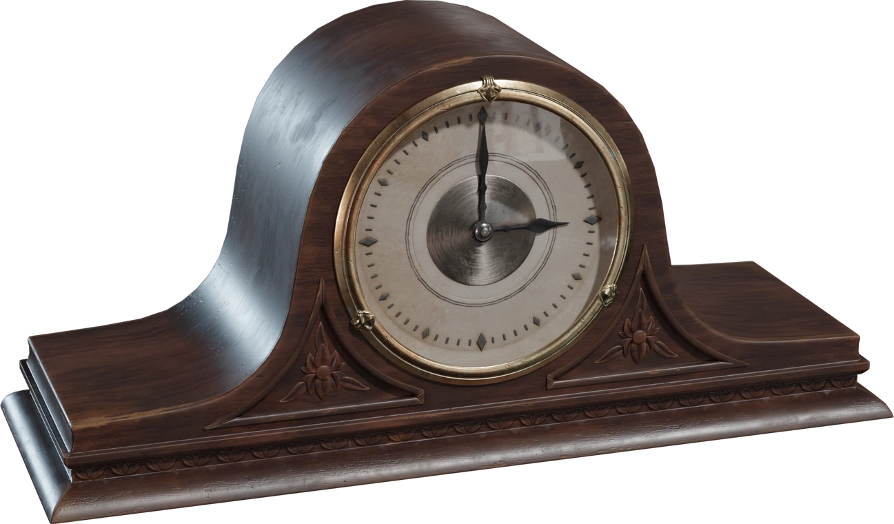 Free 8K mantel clock model - ornate vintage wooden shelf clock with carved floral details, brass bezel and aged face; decorative, rigged for animation.