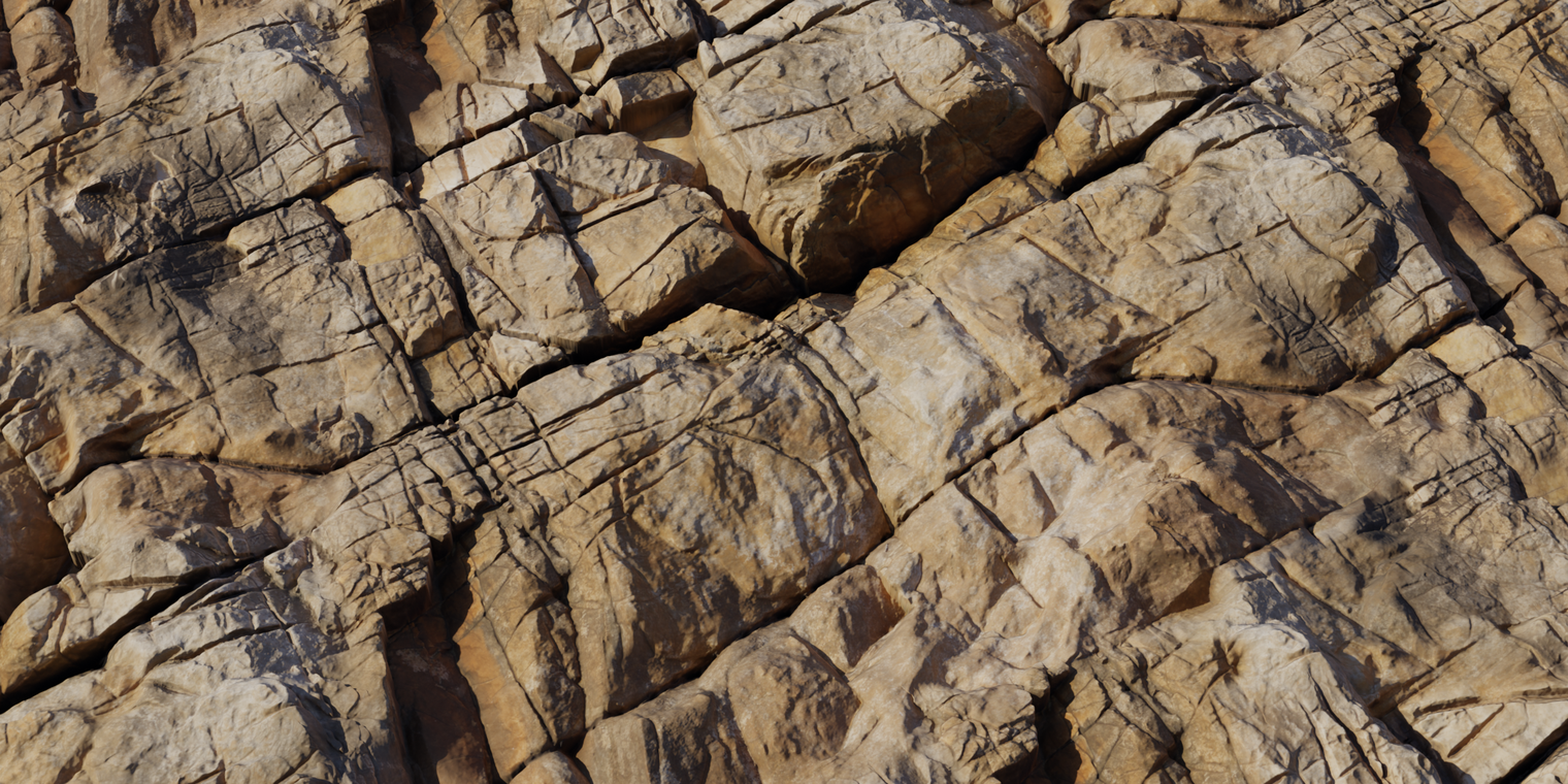 Free 8k texture of a weathered marble cliff: craggy sedimentary rock with rough, fractured strata, deep cracks and uneven, warm beige-brown surfaces.