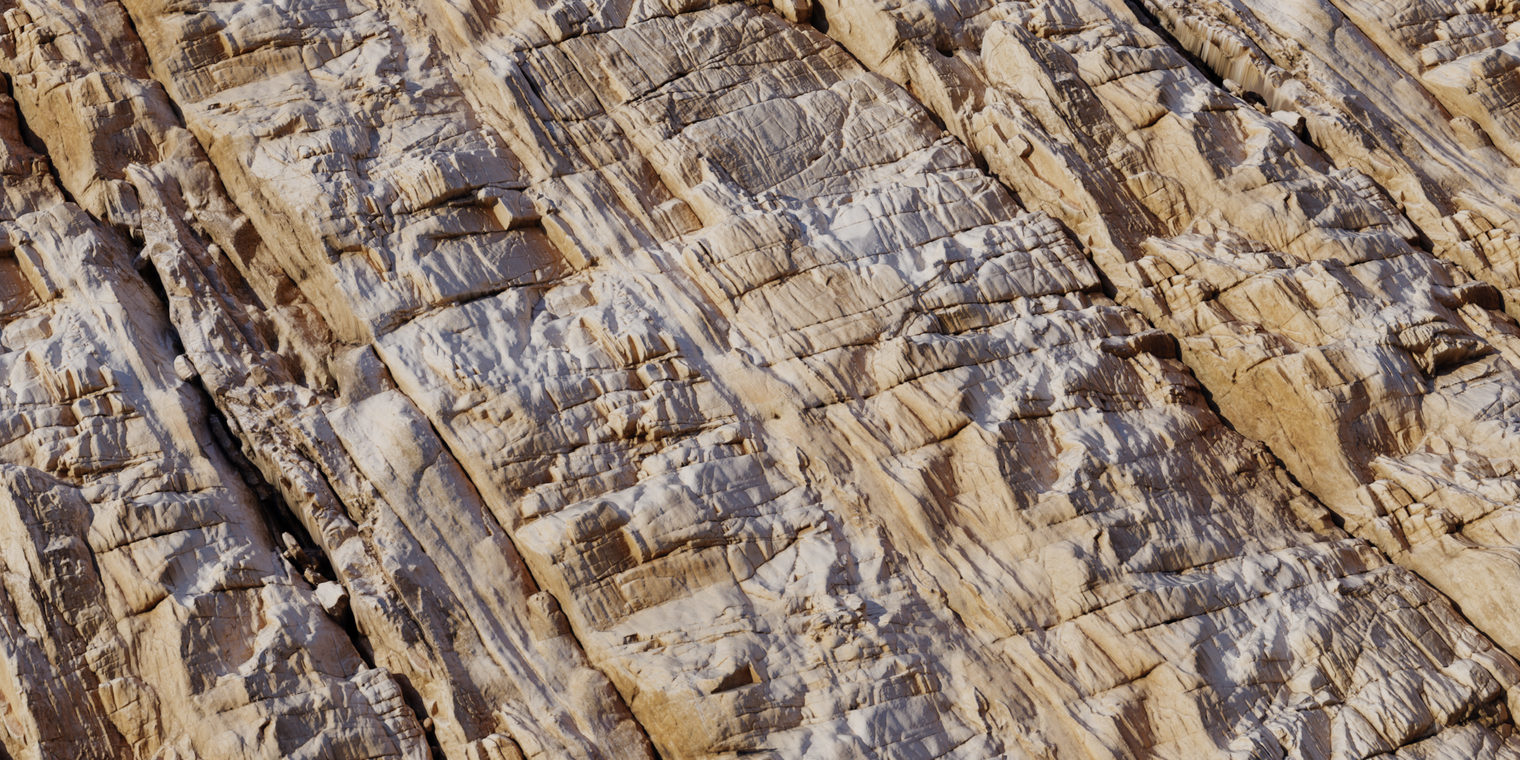 Free 8K marble cliff texture with rough, stratified stone, deep cracks and fissures, beige to tan layers streaked with white veining and weathered surfaces.