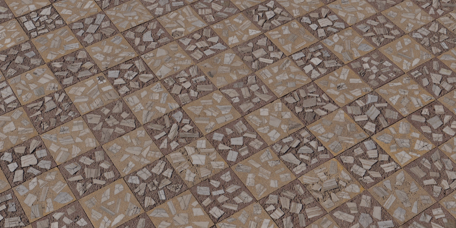 Free 16K texture of marble mosaic tiles in a square checkered grid of cream and brown colors. glossy stone fragments embedded in the surface