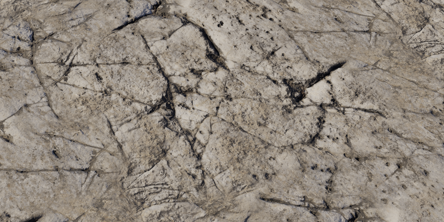 Free 8K marble rock texture with a cracked, veined surface. Light gray-beige stone, dark striations and pits, weathered with craggy relief.