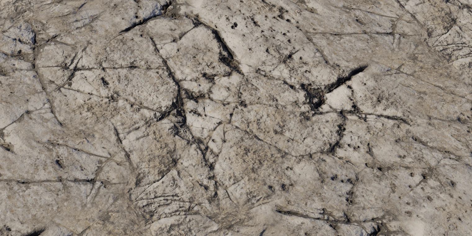 Free 8K marble rock texture with a cracked, veined surface. Light gray-beige stone, dark striations and pits, weathered with craggy relief.