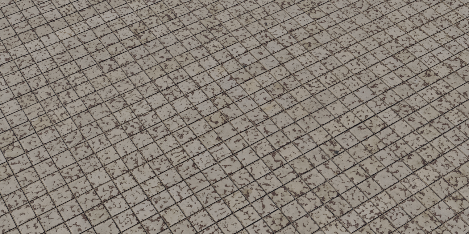 Free 8K texture: beige square marble tiles in a consistent grid with dark grout, weathered dirt speckles and chips, waterproof ceramic-like finish with a subtle sheen.
