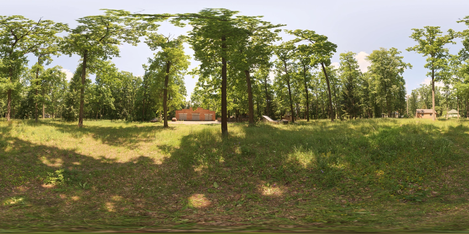 Free 16K unclipped HDRI: peaceful midday meadow clearing with green grass and tall trees, partly cloudy soft sunlight and low-contrast, dappled shadows.