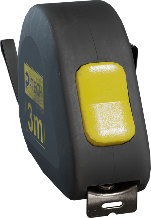 Free 4K model of a 3m tape measure with worn dark-gray rubberized casing, glossy yellow lock button, metal belt clip and scuffed decal.