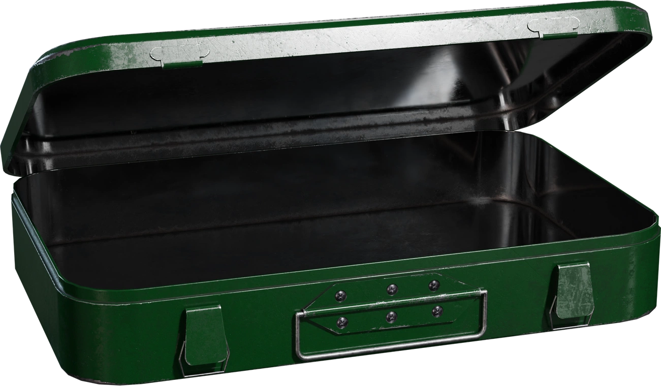Free, 4K model of a vintage green metal medical box, open with hinged lid, riveted handle, twin latches, metallic interior, worn paint and edge scuffs.