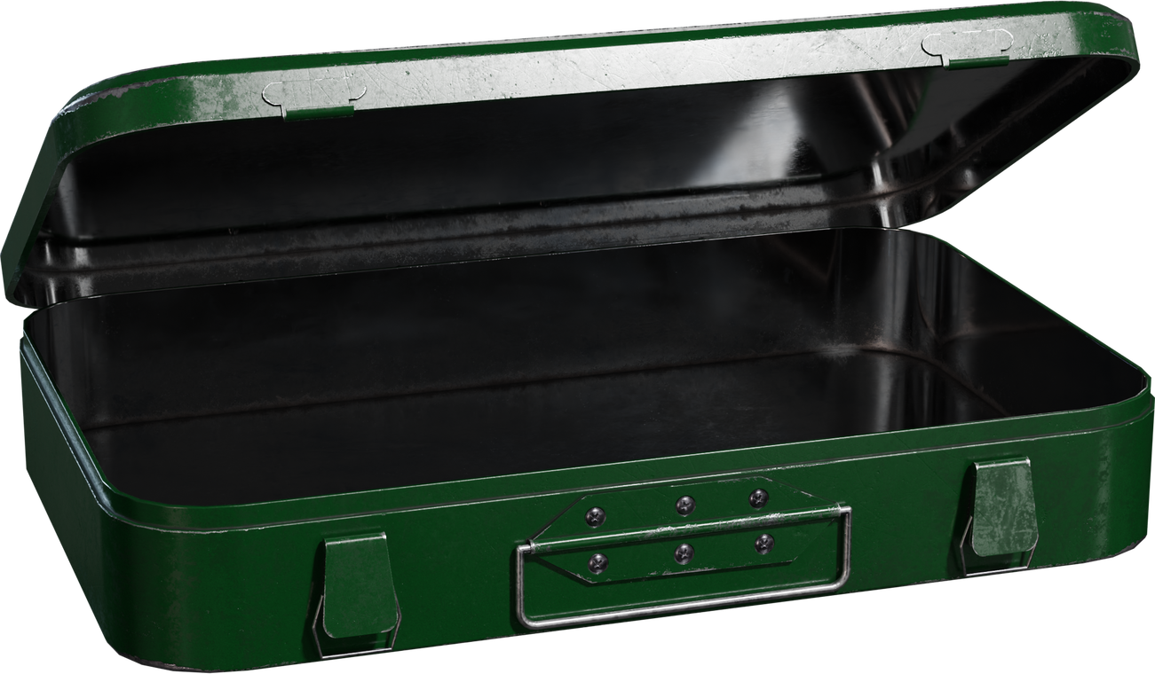 Free, 4K model of a vintage green metal medical box, open with hinged lid, riveted handle, twin latches, metallic interior, worn paint and edge scuffs.