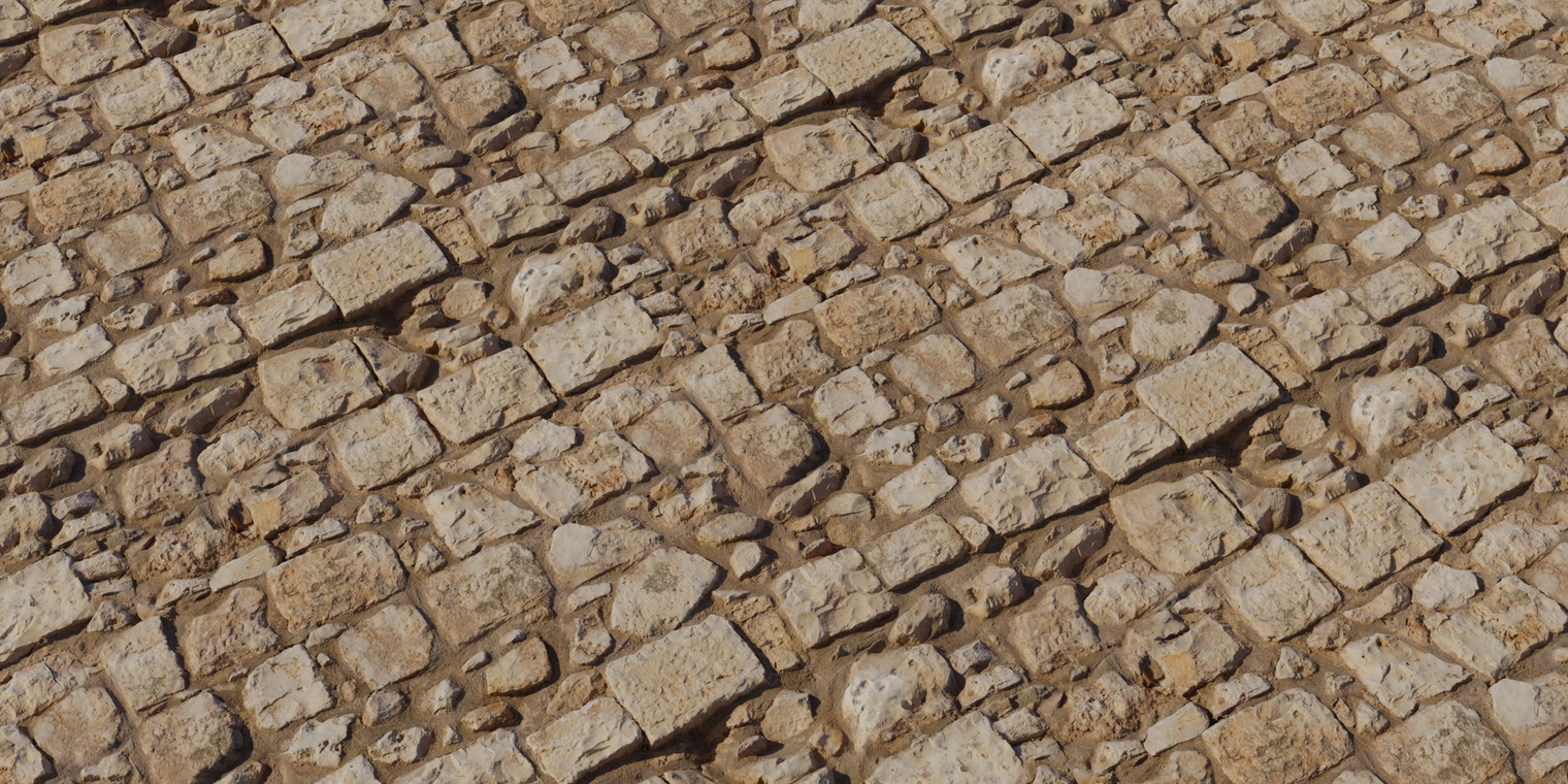Free 8K texture of weathered medieval block stone, with rough chiseled limestone blocks, deep dirt-filled gaps, chipped edges and uneven, worn surfaces.