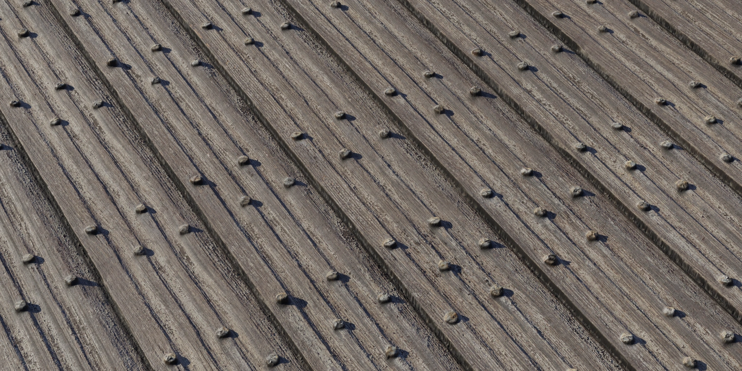 Free 8K texture of weathered medieval wood planks with rough grain, deep grooves, uneven seams and rusted iron rivets.