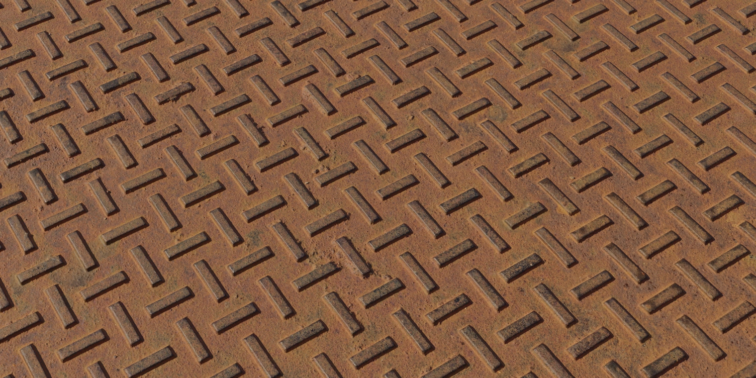 Free 8K texture of a rusty metal grate, with raised tread pattern, pitted, rough iron, orange-brown corrosion and darker crevice grime.