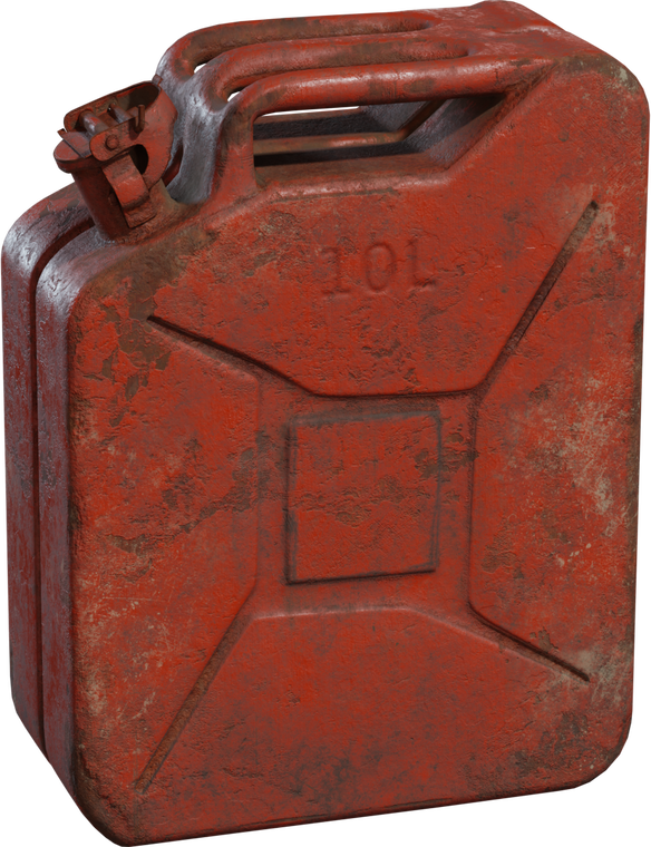 Free 8k model of a weathered red metal jerrycan with chipped paint, rusted edges, embossed text, and high-detail dents, scratches and grime.