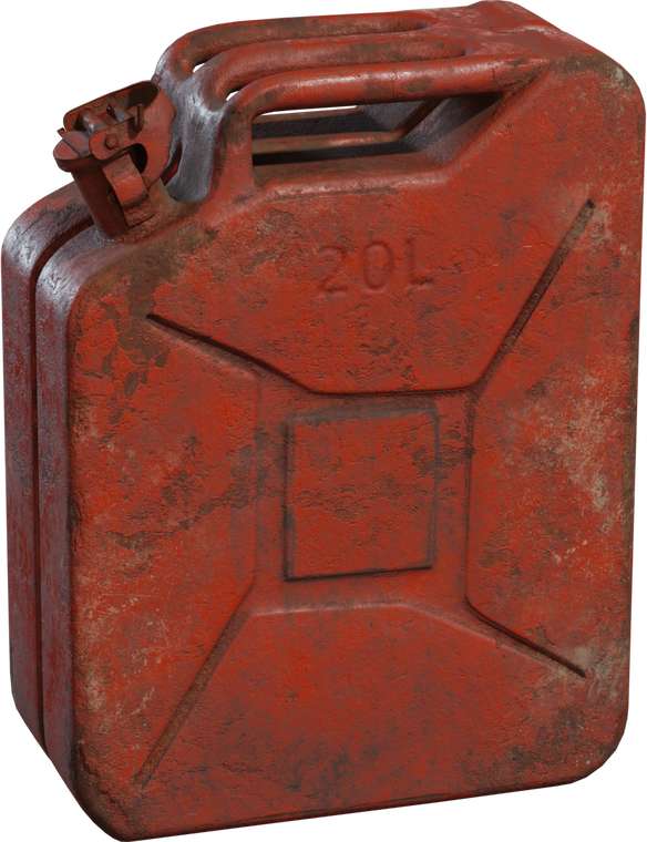 Free 8k model of a weathered red metal jerrycan with chipped paint, rusted edges, embossed text, and high-detail dents, scratches and grime.