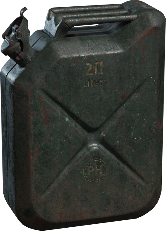Free 4K model of an old green metal jerrycan with 20L emboss, triple handle and hinged cap, heavy wear, dents, rust and chipped paint.