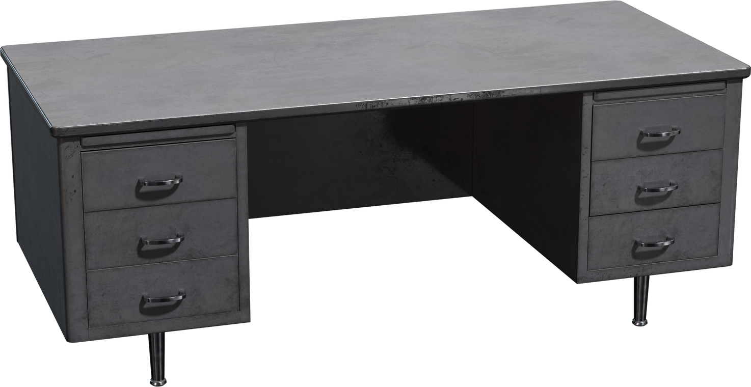 Free 4k metal office desk model with worn grey finish, dual pedestal drawers, chrome handles and tapered legs - sturdy industrial mid-century look.