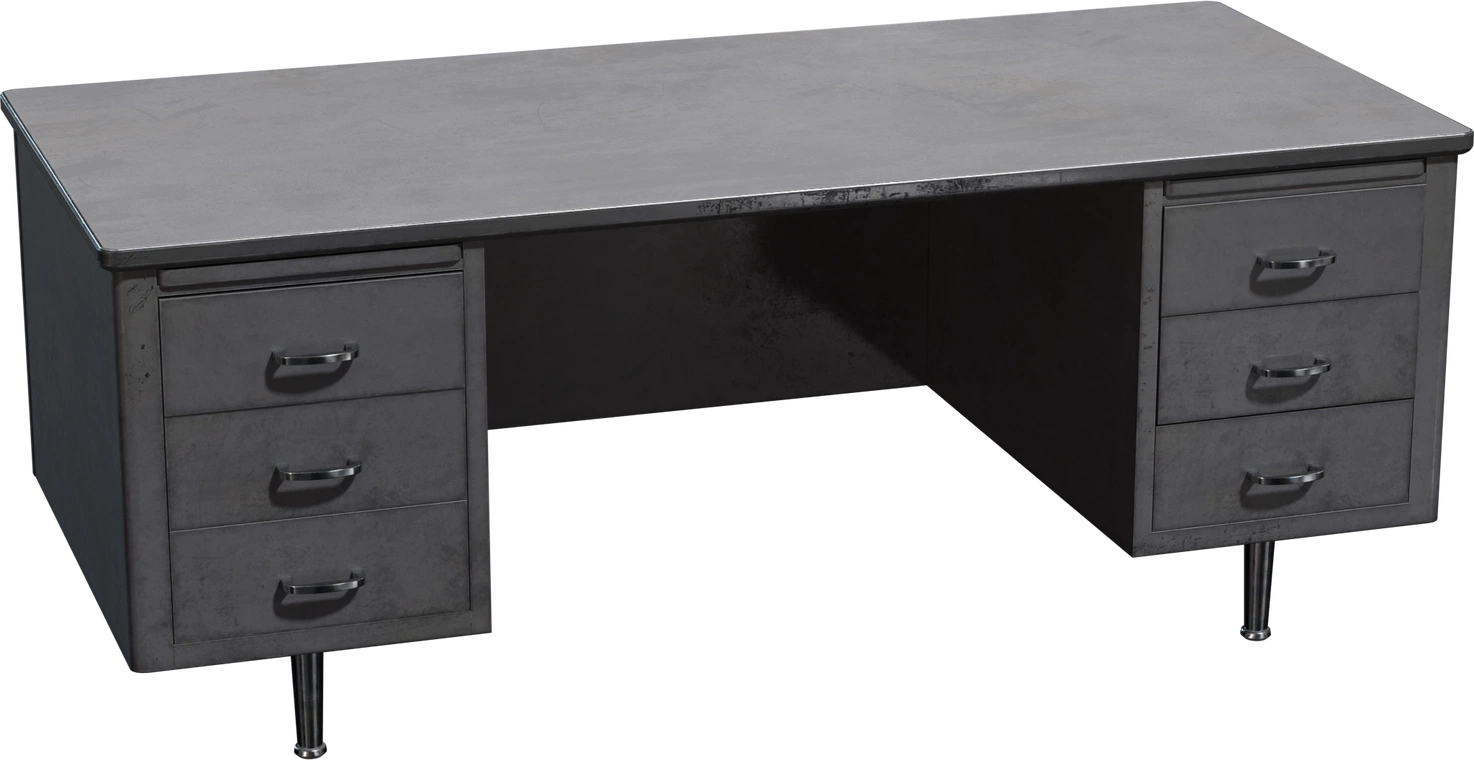 Free 8k metal office desk model with worn grey finish, dual pedestal drawers, chrome handles and tapered legs - sturdy industrial mid-century look.