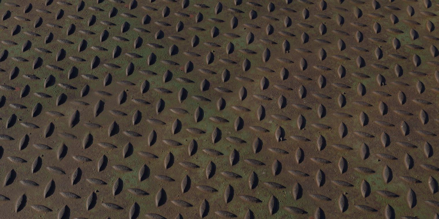 Free 8K texture of worn diamond-plate steel with chipped green paint, rust, pitting and dark oily highlights. Rough, dirty industrial metal surface.