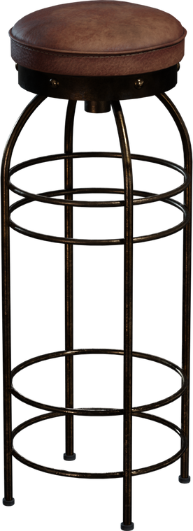 Free 4K model, tall industrial metal stool with aged metal finish, concentric ring footrests and a riveted brown leather padded seat.
