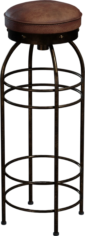 Free 4K model, tall industrial metal stool with aged metal finish, concentric ring footrests and a riveted brown leather padded seat.