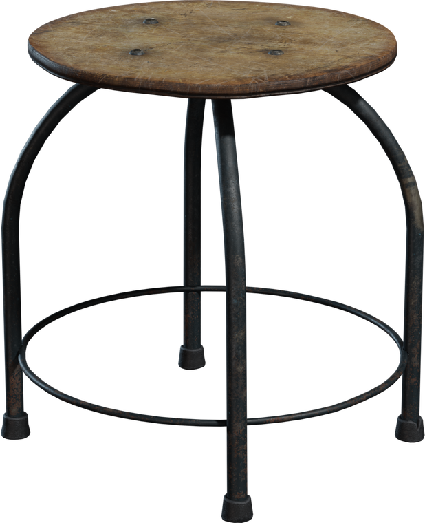 Free 4k model. Small industrial stool with a worn round wooden seat, rusted tubular metal legs, circular foot ring and rubber caps.